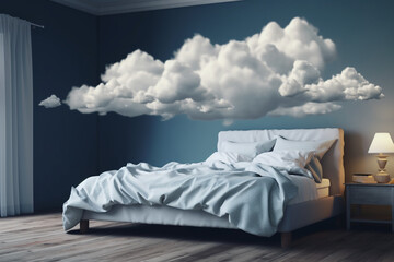 States of mind, pop art and interior concept. Abstract illustration of bed and white fluffy floating clouds above it. Generative AI