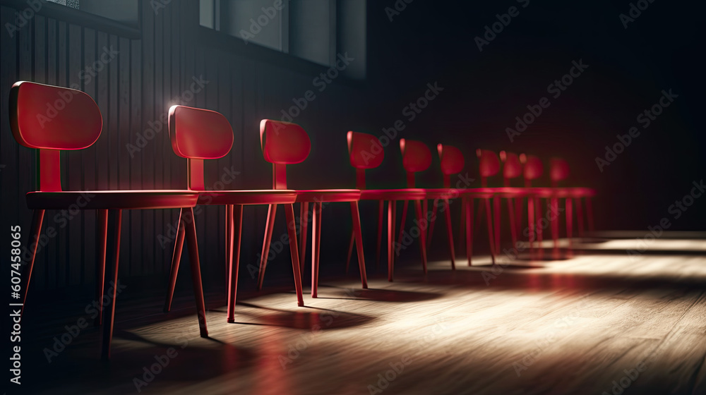 Poster red chairs lined up in a row in a room. generative ai