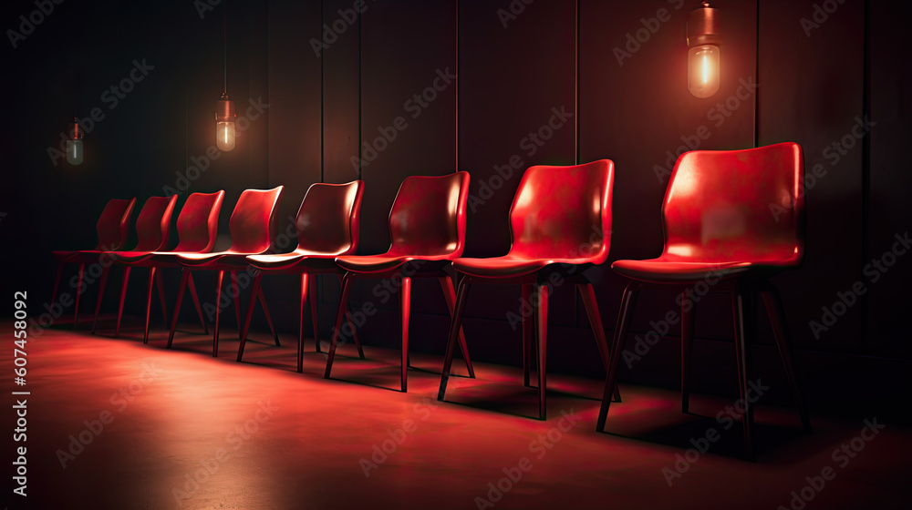 Poster red chairs lined up in a row in a room. generative ai