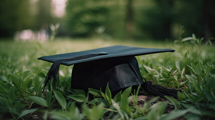 graduation hat lies on green grass. Generative AI