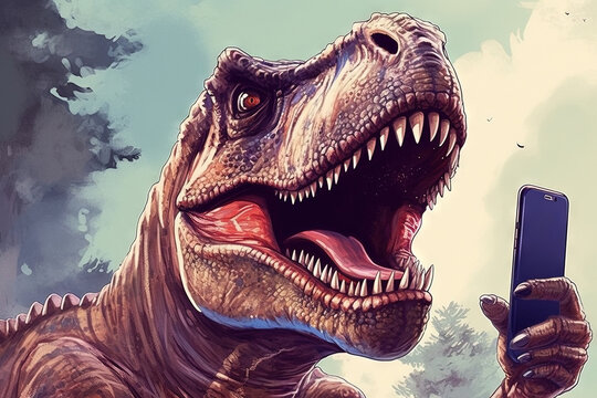 Trex dinosaur wild animal making a selfie with a smartphone illustration generative ai