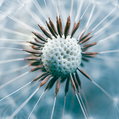 beautiful dandelion flower in springtime, blue and white background
