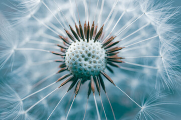 beautiful dandelion flower in springtime, blue and white background