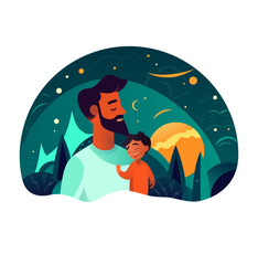 Son on his father shoulders on the night sky, happy international father's day concept, can be use for card, poster, website, brochure background. vector illustration