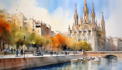 watercolor cityscape Barcelona , generative ai - obrazy, fototapety, plakaty
