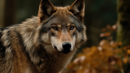 Naklejka na ściany i meble a wild wolf in the forest in autumn. Generative AI