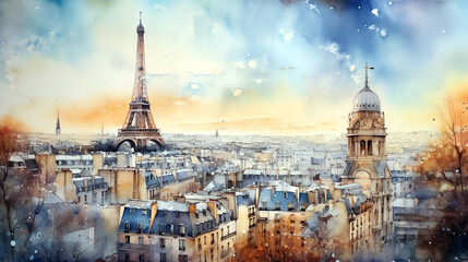Fototapeta eiffel tower city , watercolor cityscape Paris , generative ai obraz
