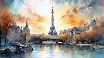 Fototapeta watercolor cityscape Paris , generative ai obraz