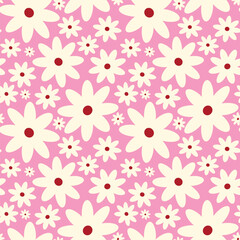Creative vibrant playful quirky Retro floral pattern in 60s in bright juicy pink and beige colors