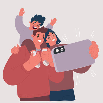 Happy family selfie. Cheerful people portrait, group take photo on phone. Cartoon woman daughter grandfather together utter vector concept