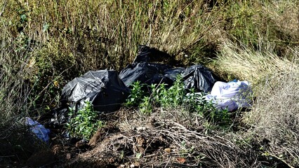 garbage bags on an abandoned lot