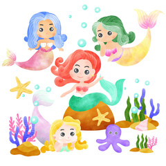 Obraz na płótnie Canvas little mermaid cartoon vector, girl mermaid, girl fish