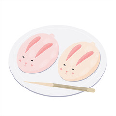 Bunny Mochi Mooncakes on plate with chopstick. Traditional japanese food for Mid-Autumn Festival. Vector illustration isolated on white