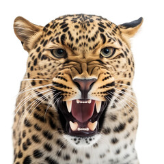 Front view close up of leopard animal isolated on transparent background