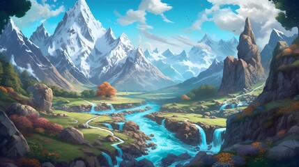The fantasy valley is surrounded by mountains and a river in the digital art style. Playful cartoon illustrations. Richly detailed backgrounds. Vibrant cartography. Drawing Painting. Generative AI.
- 607459858