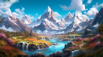 Fototapeta na wymiar The fantasy valley is surrounded by mountains and a river in the digital art style. Playful cartoon illustrations. Richly detailed backgrounds. Vibrant cartography. Drawing Painting. Generative AI. 