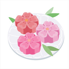 Wagashi mochi. Japan traditional pastry wagashi served on plate. Vector cartoon illustration isolated on white