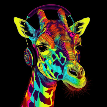 giraffe head illustration , pop art , black background , generative ai