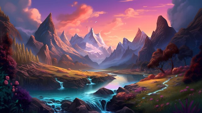 The fantasy valley is surrounded by mountains and a river in the digital art style. Playful cartoon illustrations. Richly detailed backgrounds. Vibrant cartography. Drawing Painting. Generative AI.
