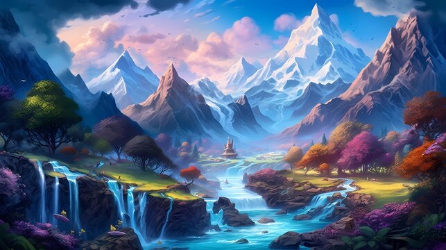 The fantasy valley is surrounded by mountains and a river in the digital art style. Playful cartoon illustrations. Richly detailed backgrounds. Vibrant cartography. Drawing Painting. Generative AI.
