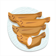 Waka Ayu sweet pastry on plate. Japanese confectionery with rice cake wrapped in oval and formed like fish. Japan traditional sweet snack. Vector cartoon illustration isolated on white