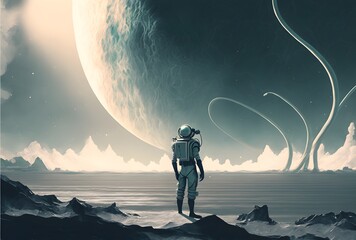 astronaut standing in the strange sea and looking at the planet in the sky, digital art style, illustration painting, Generative AI