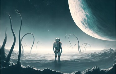 astronaut standing in the strange sea and looking at the planet in the sky, digital art style, illustration painting, Generative AI
