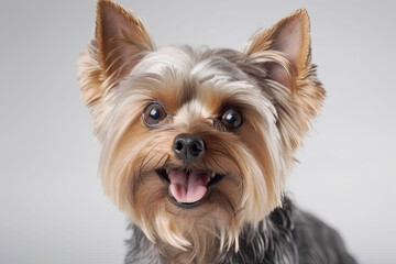 Close up portrait of Yorkshire Terrier on white background with open mouth and pink tongue. Grooming. Generated Ai