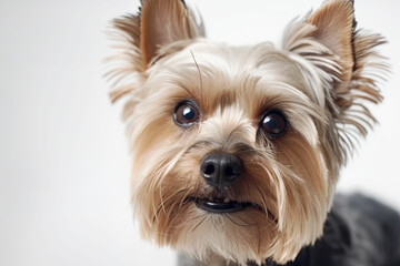 CLose up portrait of Yorkshire Terrier on white background. Grooming.  Generated Ai