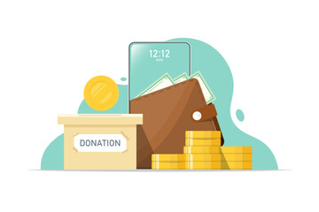 Online donations for the community, Smartphone with wallet, money, paper box on isolated background, Digital marketing illustration.