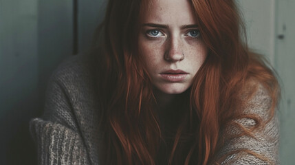 A portrait of a redhead young woman full of deep sadness. Female feel broken, worried, and suffering from depression. Modern life sadness. Mental health or broken heart concept. Generative AI