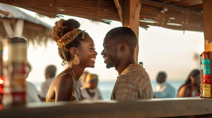 A fictional person.  Intimate Moment Between Couple at Beach Bar