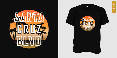 Santa Cruz California graphic t-shirt design with palm tress, summer retro print, poster, clothing template with typography style, tee, vector illustration.