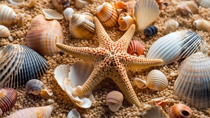 Close-up of Seashells and Starfish on Sandy Beach