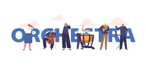 Orchestra Concept. Talented Musicians Perform Classical Masterpieces On Stage With Conductor, Artists Playing Music © Pavlo Syvak