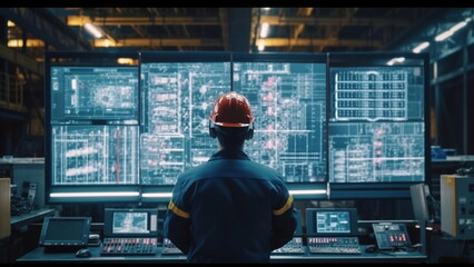 Industry 4.0 Modern Factory, engineer in safety helmet and uniforms on Big Screen monitor computer working control machine in factory with Generative AI.