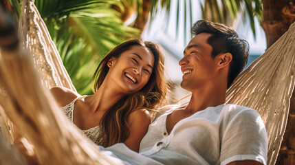 A fictional person.  Smiling Couple Relaxing in Hammocks Among Palm Trees