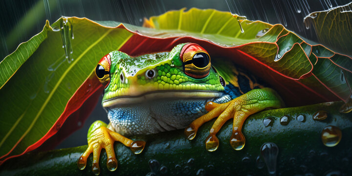 green frog on a leaf, close up of a rainforest amphibian, generative ai