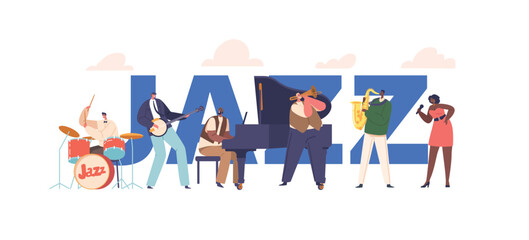 Jazz Concept, Music Band On Stage Performing Concert. Artists Characters With Musical Instruments Singing Song