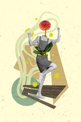Vertical collage picture of black white effect girl flower instead head raise fists success...