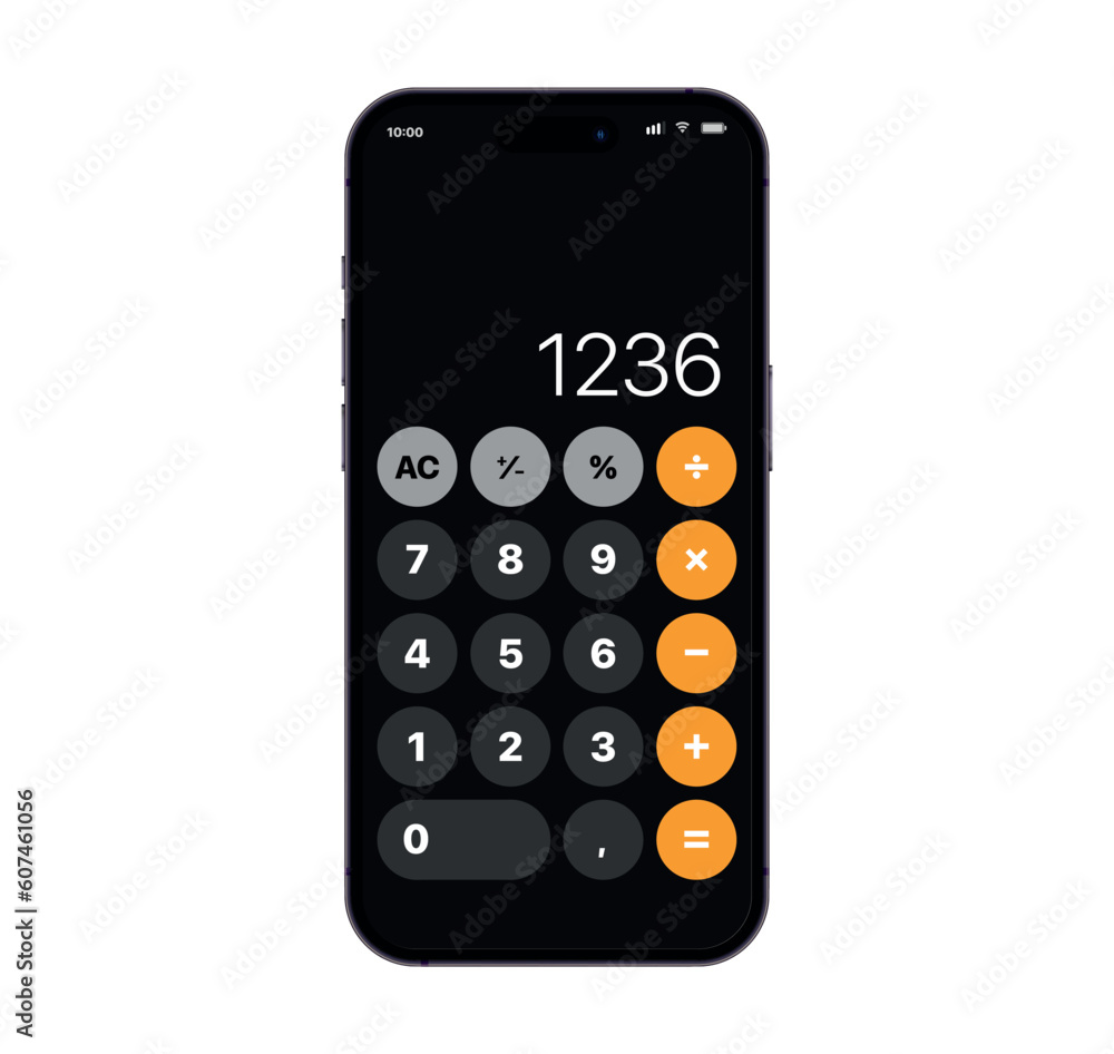 Poster Smartphone calculator app interface. Software with ui on cellphone screen. Design mockup with keyboard.