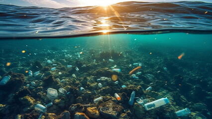 Plastic floating in the ocean, pollution in ocean, microplastics, sunlight with Generative AI.