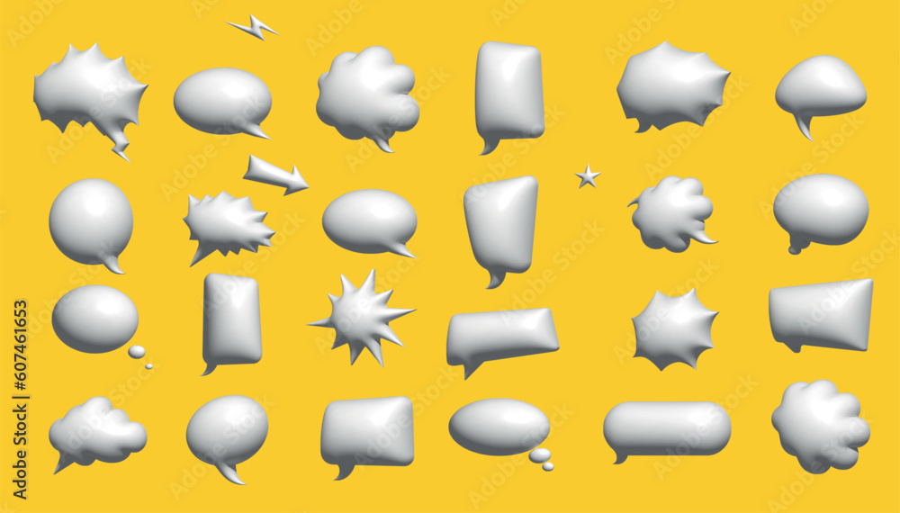 Poster set of 3d speech bubble icons, isolated on background. 3d chat icon set.