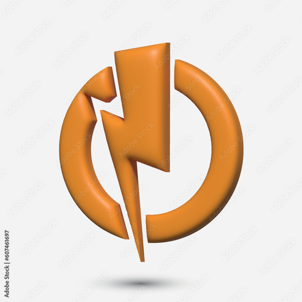 Poster Flash 3D Icon Yellow Lightning. Powerful lightning strikes. Realistic isolated vector.