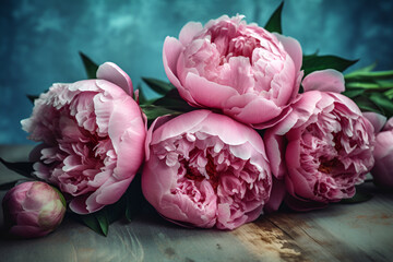 Pink peonies on the old blue background. Top view.Generation AI