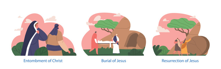Isolated Elements Scenes Of Jesus Burial. Follower And Apostle Characters Placed Jesus' Body After Crucifixion In A Tomb