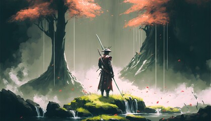 samurai standing in waterfall garden with swords on the ground, digital art style, illustration painting, Generative AI