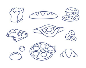 A set of vector icons on the theme of food from dough: cupcake, pie, dumplings, pizza, croissant, bun, etc. in line and doodle style.