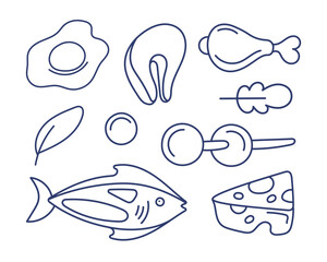 Fototapeta premium Set of vector icons on the theme of food: scrambled eggs, chicken leg, salmon, steak, cheese, etc. in line and doodle style.