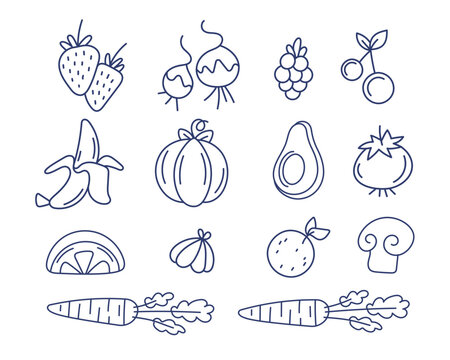 A set of vector icons on the theme of fruits and vegetables: carrots, strawberries, radishes, raspberries, bananas, watermelons, avocados, mushrooms, etc. in line and doodle style.